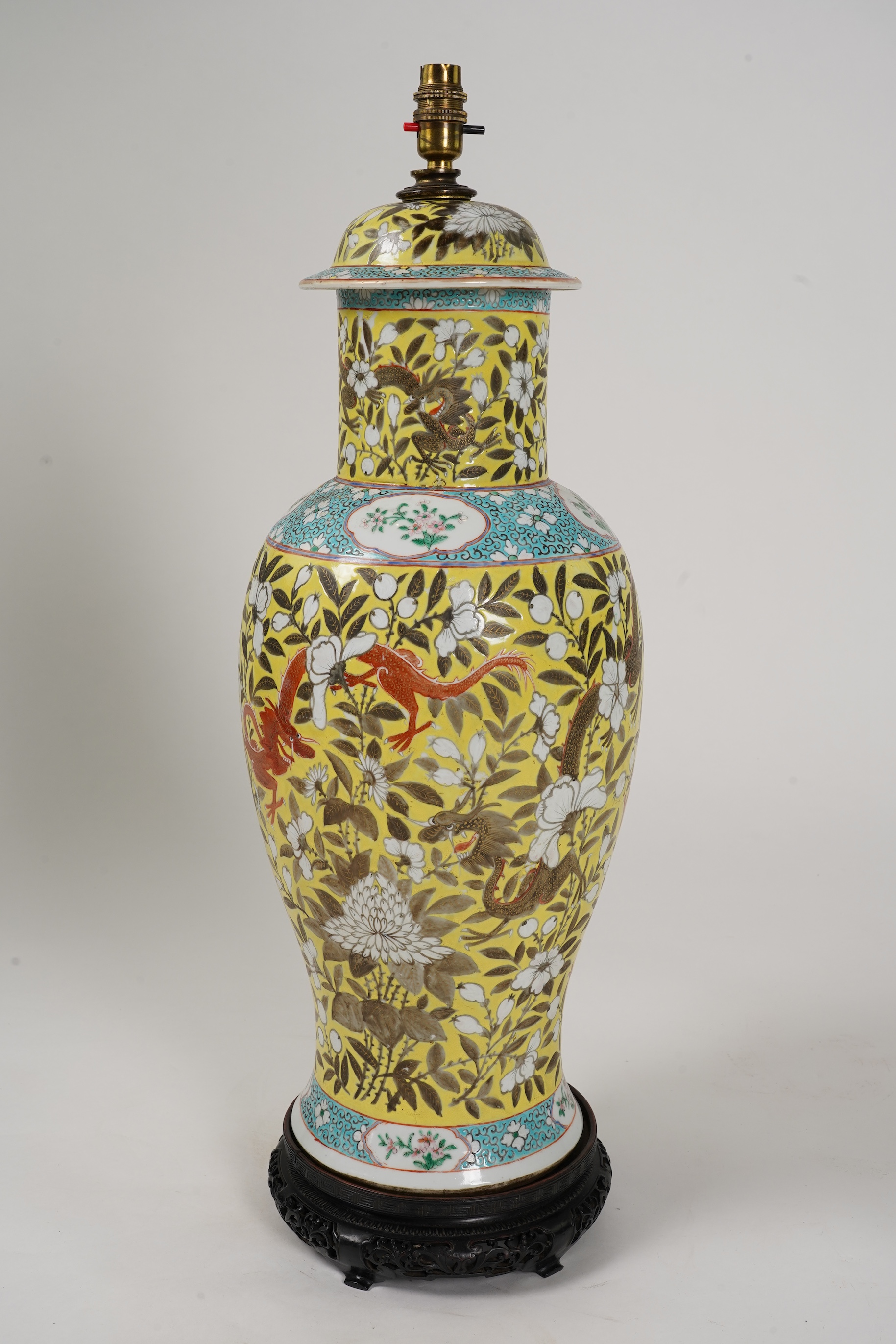 A large Chinese yellow ground ‘dragon’ vase, Guangxu period, mounted as a lamp